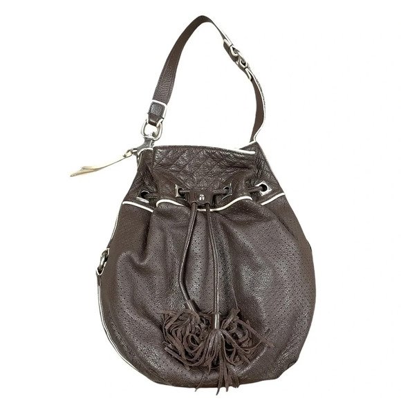 Francesco Biasia Brown 100% Calf Leather Perforated Fringe Bucket Bag Hobo - Picture 15 of 15